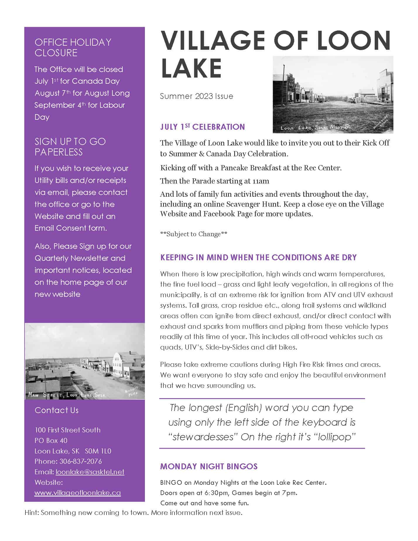Summer Newsletter Village of Loon Lake, Saskatchewan